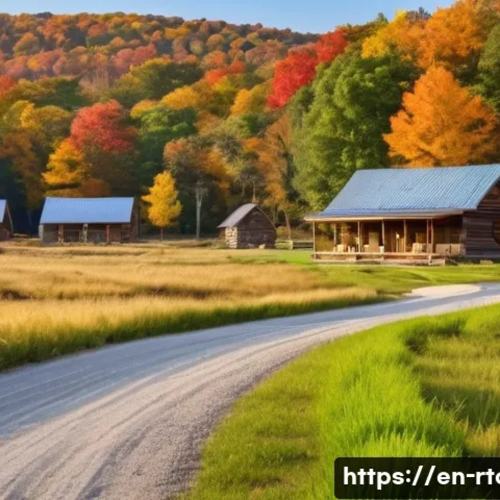농촌관광기획사 자격증 시험과목 분석 - A peaceful rural village scene in the American Midwest during autumn, featuring eco-friendly lodges ...