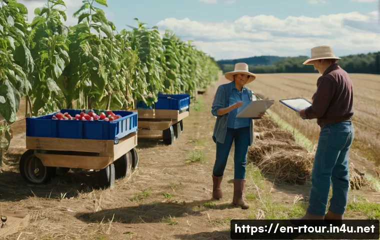 농촌관광기획사 자격증 준비 과정 - A photorealistic, documentary‑style scene of a hands‑on u‑pick farm visit in the American countrysid...