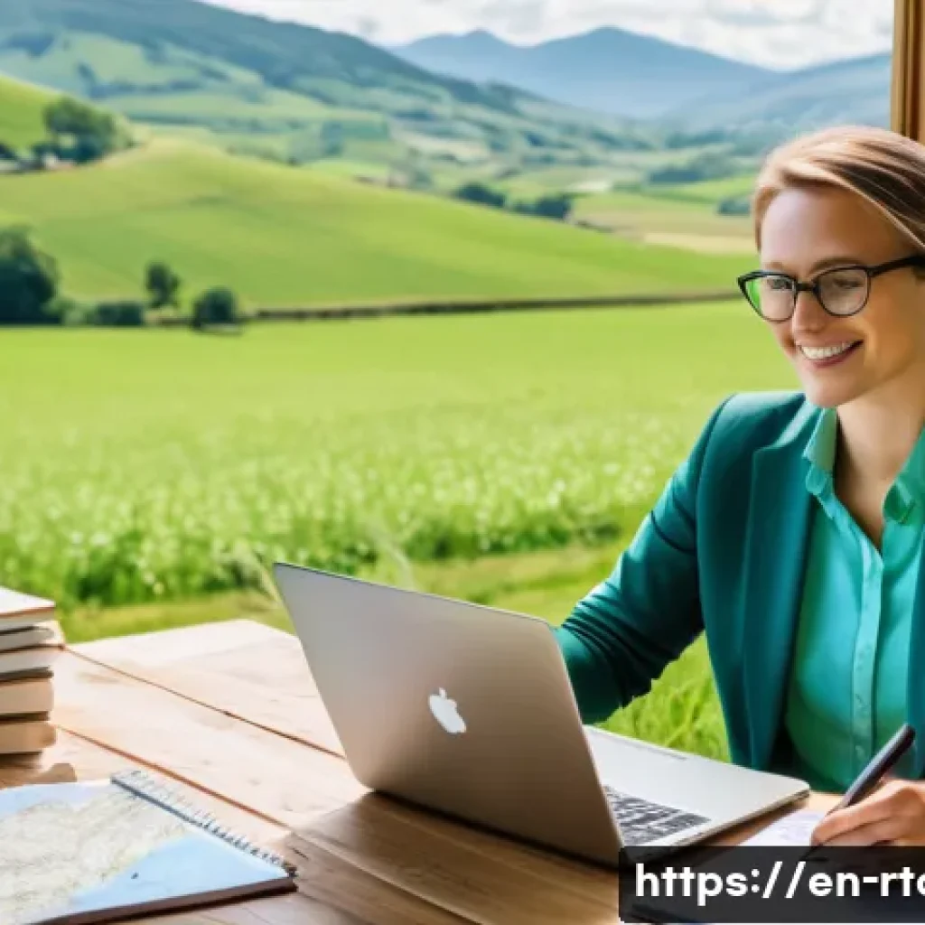 농촌관광기획사 취업 후 연봉 협상 - A professional rural tourism planner in business casual attire, sitting at a wooden desk with a lapt...