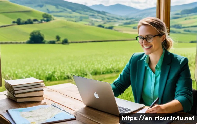 농촌관광기획사 취업 후 연봉 협상 - A professional rural tourism planner in business casual attire, sitting at a wooden desk with a lapt...