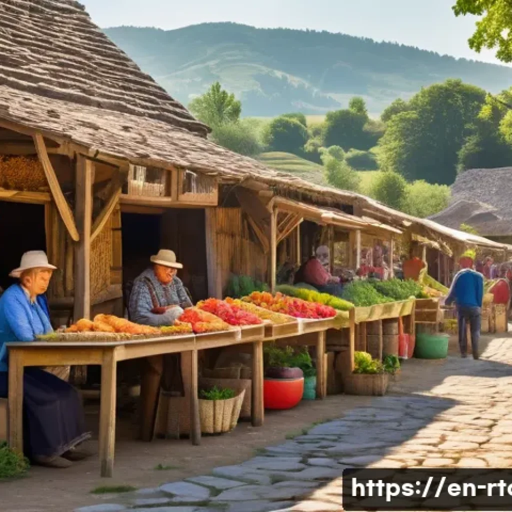 농촌관광기획사 현장 경험담 - A warm, sunlit rural village scene featuring a diverse group of local farmers and artisans proudly d...
