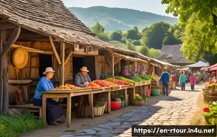 농촌관광기획사 현장 경험담 - A warm, sunlit rural village scene featuring a diverse group of local farmers and artisans proudly d...
