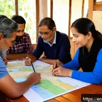 농촌관광기획사 자격 취득 후 직무 변화 - A vibrant rural tourism planning meeting scene featuring diverse stakeholders including farmers, art...