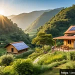 농촌관광기획사 자격증 시험 과목 - A serene rural eco-lodge nestled in a lush green valley during golden hour, featuring sustainable wo...
