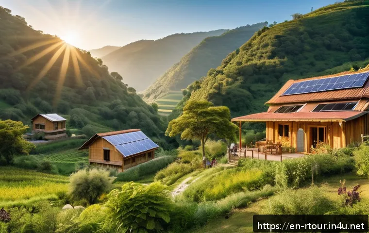 농촌관광기획사 자격증 시험 과목 - A serene rural eco-lodge nestled in a lush green valley during golden hour, featuring sustainable wo...
