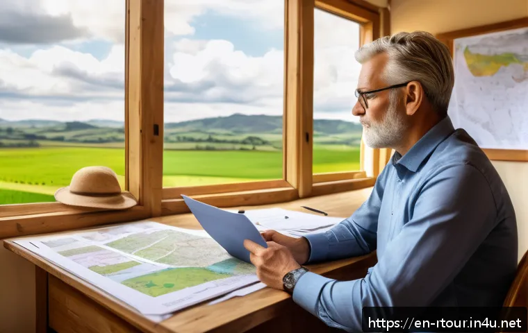 농촌관광기획사 자격증 시험 난이도 - A detailed illustration of a rural tourism planner at work: a middle-aged professional sitting at a ...