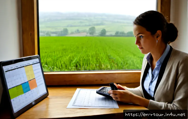 Home 17 농촌관광기획사 실무에서 겪은 어려움 - Photorealistic rural tourism planner at a wooden desk in a small countryside visitor office, studyin...