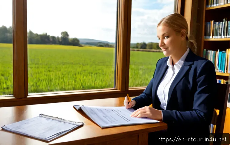 Home 17 농촌관광기획사 자격증 응시 조건 - Photorealistic rural tourism career planning scene, a confident adult applicant seated at a clean wo...